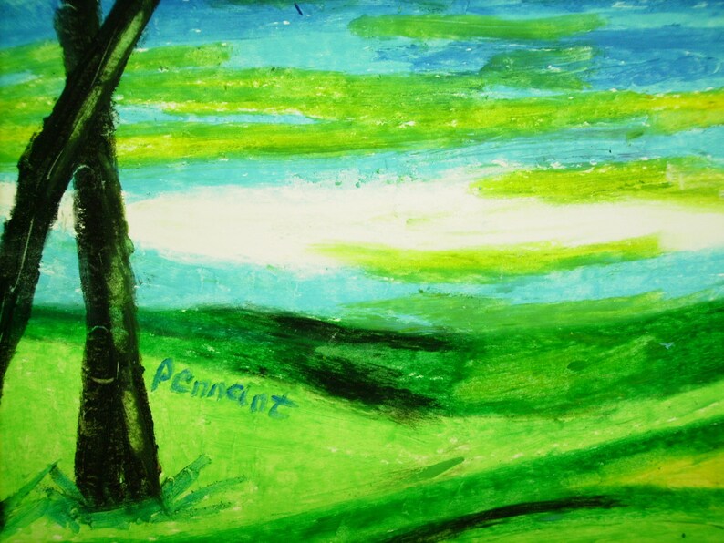 Puede incluir: Pintura abstracta con un paisaje verde y azul. La pintura presenta dos &aacute;rboles oscuros en primer plano y un cielo blanco con pinceladas verdes y azules.