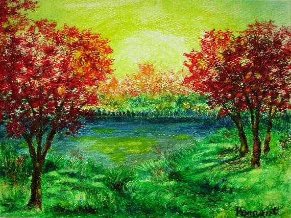 Autumn Landscape, Small Drawing, Original Oil Pastel Art, Wall Art