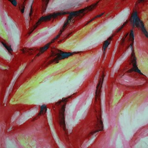 May include: Abstract painting of overlapping red, pink, and yellow petals. The petals are painted with a textured, layered style, creating a sense of depth and movement.