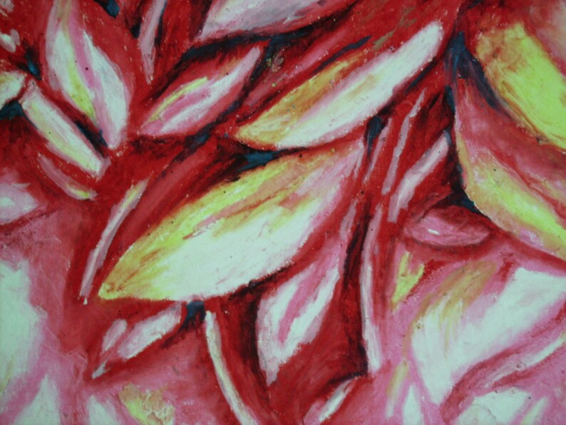 May include: Abstract painting of overlapping red, pink, and yellow petals. The petals are painted with a textured, layered style, creating a sense of depth and movement.