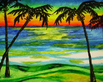 Palms at Sunset, 14x17 Beach Landscape, Oil Pastel Drawing on Bristol Board, Palm Tree Landscape, Beach Oil Pastel Drawing, Wall Art