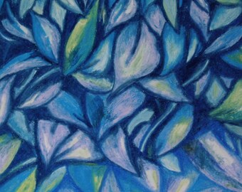 Blue Leaves, Abstract Drawing, 14x17 Oil Pastel Drawing on Bristol Board, Abstract Leaves, Blue Drawing, Wall Art, Nature Art, Pastel Art