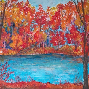Oil pastel landscape, original oil pastel, autumn art, colorful autumn oil pastel landscape, nature art, wall art, botanical oil pastel art