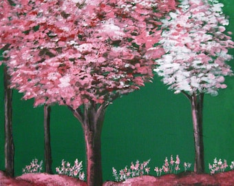 Acrylic Painting, Canvas Art, Spring Landscape, Tree Painting, Pink Trees, Spring Trees, Wall Art, Nature Art, Original Painting, Home Decor