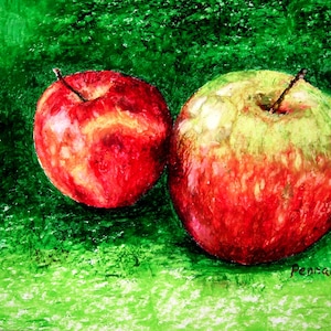 Apple Drawing, Fruit Drawing, Fruit Art, Kitchen Art, Small Drawing, Oil Pastel Drawing, Oil Pastel Art, Wall Art, Nature Art, Home Decor