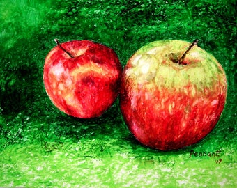 Apple Drawing, Fruit Drawing, Fruit Art, Kitchen Art, Small Drawing, Oil Pastel Drawing, Oil Pastel Art, Wall Art, Nature Art, Home Decor