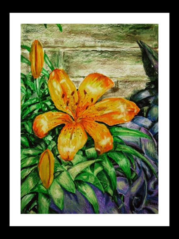油絵アート（orange flower） Orange Lily, Orange Flower Drawing, Oil Pastel Flower