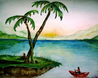 Palm Island II, Palm Trees Island Painting, 11x15 Original Watercolor Landscape Painting on Watercolor Paper, Wall Art, Water Painting