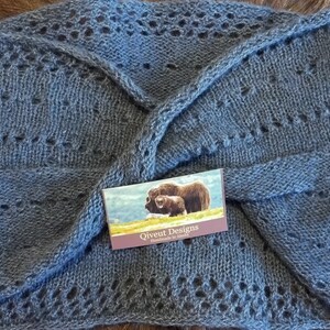 Hand Knitted Mobius Hand Dyed Blueberry Made in Alaska A circular Scarf worn around the neck