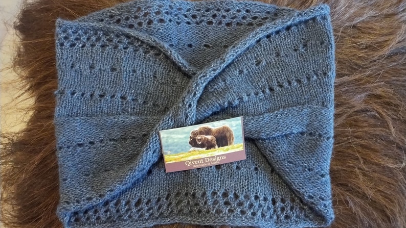 Hand Knitted Mobius Hand Dyed Blueberry Made in Alaska A circular Scarf worn around the neck