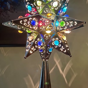 Tin punched handmade star tree topper handmade with MULTICOLORED marbles. Christmas Moravian Star.