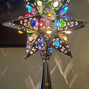 Tin punched handmade star tree topper handmade with MULTICOLORED marbles