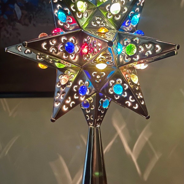 Tin punched handmade star tree topper handmade with MULTICOLORED marbles