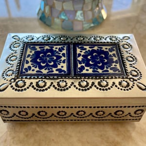 Handcrafted Rectangular Tin Jewelry Box with Two Talavera Tiles
