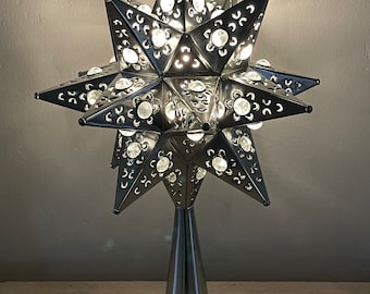 Tin punched handmade star tree topper silver tin with CLEAR marbles