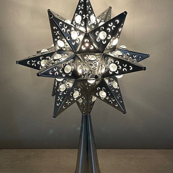 Tin punched handmade star tree topper silver tin with CLEAR marbles