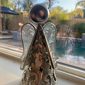 Handmade Tin Punched Angel Tree Topper with Glass Wings