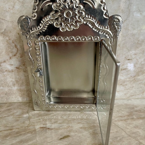 Handmade punched tin nicho altar shine box wall decor.