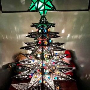 Tin punched handmade Christmas tree lighted 25&quot;. Stunning!