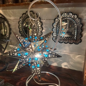 Tin star accent table lamp. Handmade. 19” tall. 14” wide. Handmade.