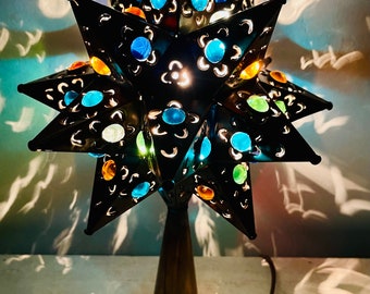 Tin punched handmade star tree topper handmade brown with multicolored marbles