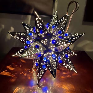 Tin punched star light hanging lamp Christmas 12 inches Silver