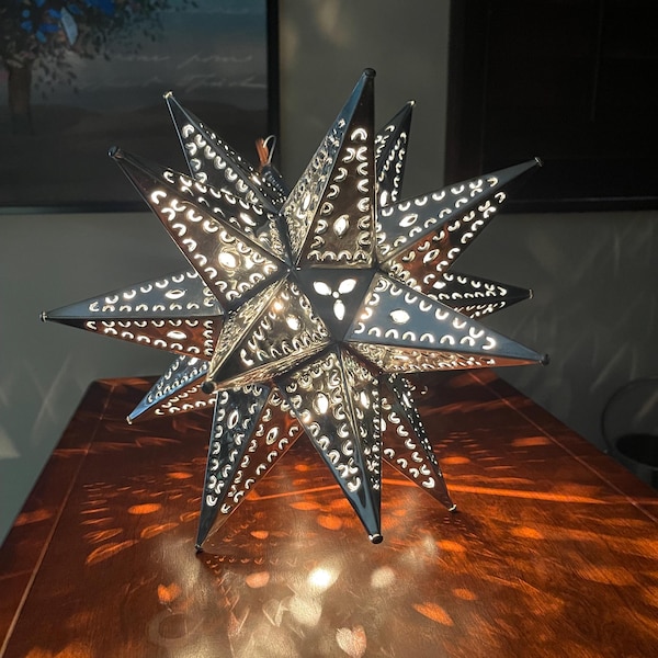 Tin punched star hanging light lamp Christmas 14 inches
