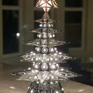 Tin punched handmade Christmas tree lighted 25&quot;. CLEAR Marbles. Stunning!