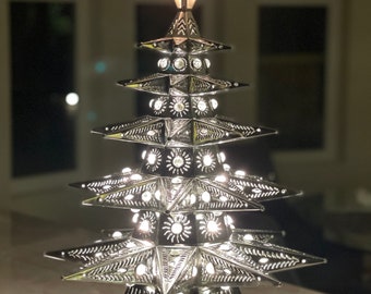 Tin punched handmade Christmas tree lighted 25". CLEAR Marbles. Stunning!