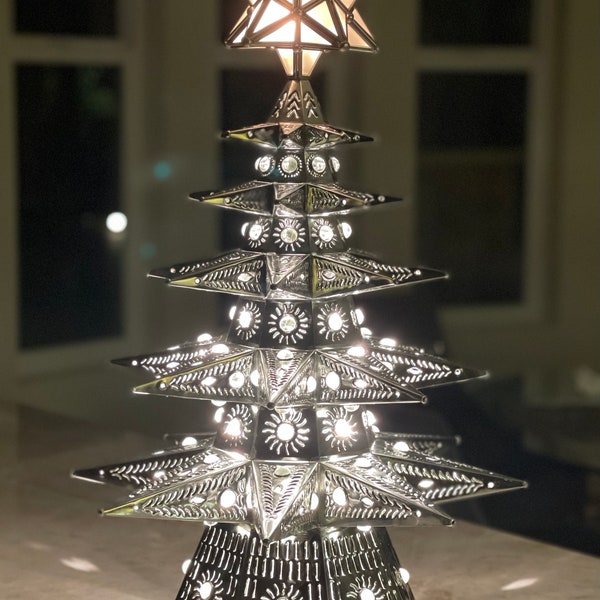 Tin punched handmade Christmas tree lighted 25". CLEAR Marbles. Stunning!