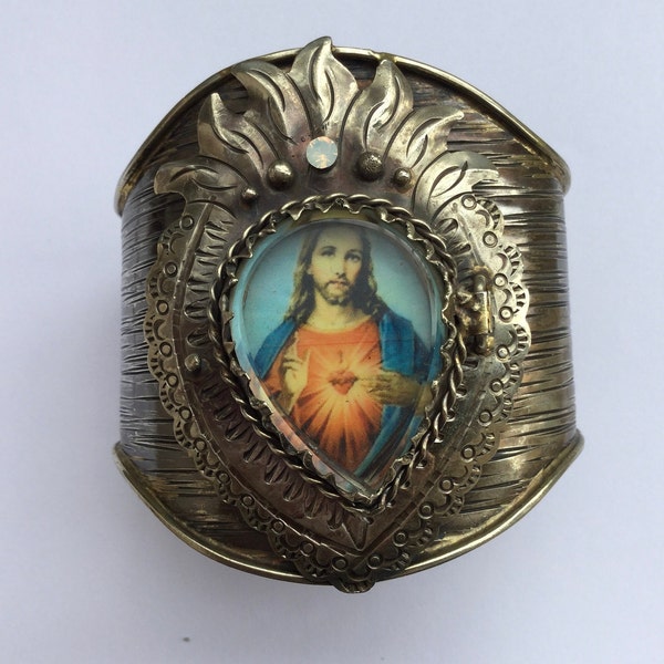 Cuff statement bracelet Sacred Heart of Jesus. Hand crafted and stunning!