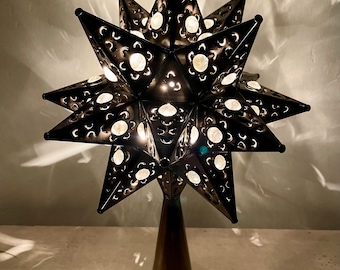 Tin punched handmade star tree topper handmade brown with clear marbles