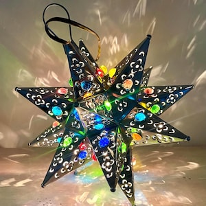 Tin punched star light hanging lamp Christmas 12 inches Silver