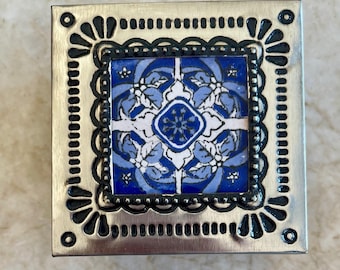 Handcrafted Tin Jewelry Box with Talavera Tile. Tin anniversary gift.