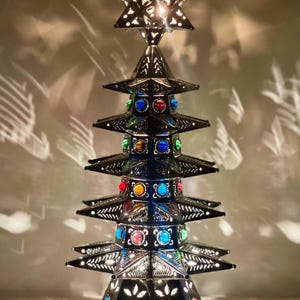 Tin punched Christmas tree handmade lighted 17” tall