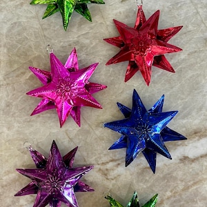 Handmade Tin Christmas Star Ornaments - Set of 6 Assorted Colors