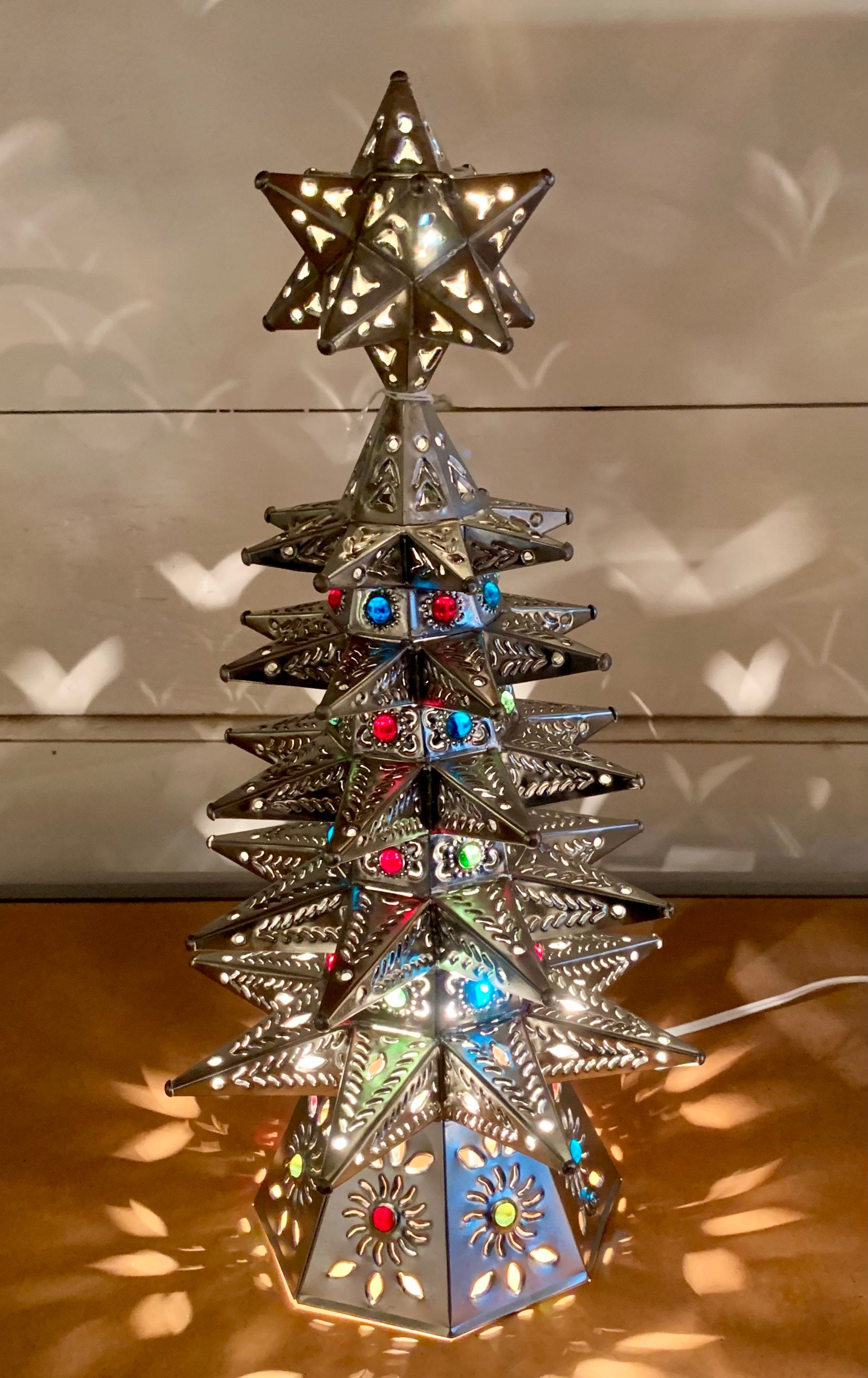 Tin punched Christmas tree handmade lighted 17 tall