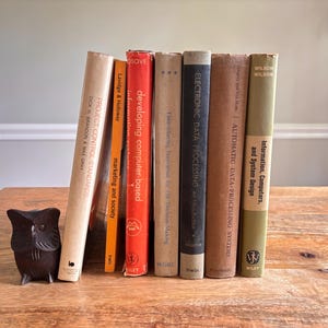May include: A collection of vintage books with various titles, including "Project Control Standards" and "Information, Computers, and System Design." The books are in different colors and are propped up by a small, dark brown owl figurine on a wooden surface.