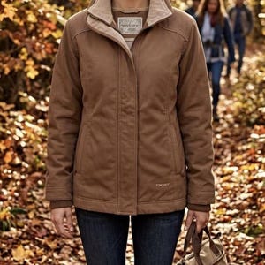 May include: A brown jacket with a high collar, a light beige inner lining, and a front zipper closure. The jacket features long sleeves with ribbed cuffs, two side pockets, and the word TWIST embroidered in small letters on the lower left.