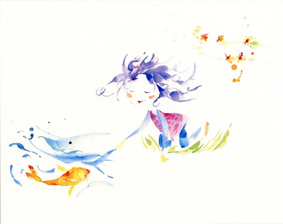 Girl And A Fish Art Print Kids Decor Children S Bedroom Art Children S Art By Maya Gur