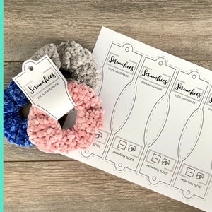 PRINTABLE Tags for Scrunchies. Crochet Scrunchie Tags for Display. Craft Fair Market Displays. PDF Downloadable Tag for Handmade Scrunchies. image 1