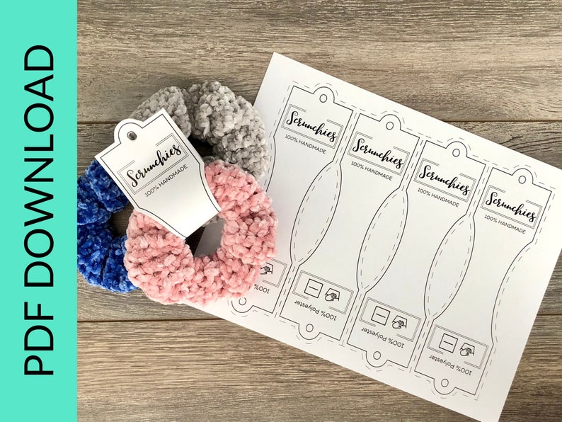 PRINTABLE Tags for Scrunchies. Crochet Scrunchie Tags for Display. Craft Fair Market Displays. PDF Downloadable Tag for Handmade Scrunchies. image 1