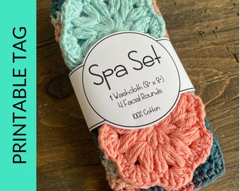 Printable Spa Set Wrap Label. PDF Downloadable Tags Handmade Items. Facial Rounds, Dishcloth Print At Home Tag. Mothers Day DIY. Craft Fair.