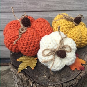 May include: Three crocheted pumpkins in orange, yellow, and white, with brown stems and twine accents. The pumpkins are sitting on a tree stump with fall leaves.