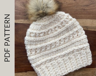 Crochet Beanie Pattern. Women's Pom Pom Hat Pattern. PDF Pattern Download. Adult Women's Hat Instruction.