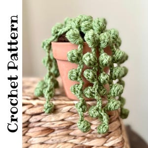 May include: A crocheted String of Pearls plant in a terracotta pot. The plant has light green, spherical crocheted leaves that cascade down. The pot sits on a woven wicker surface. The words "Crochet Pattern" are printed vertically on the left.