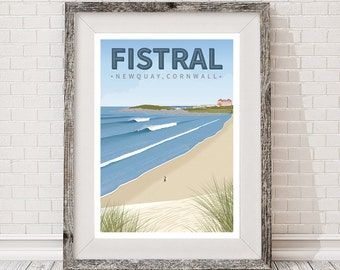 Affiche de voyage rétro de surf. Plage de Fistral, Newquay, Cornouailles, Surf