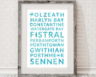 Surf Beaches Destination Board Cornwall Blue Wall Art Decor Affiche Imprimer