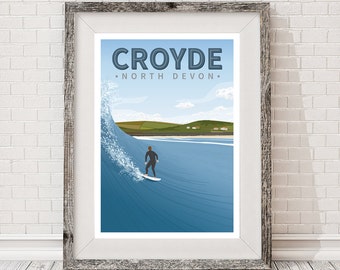 Affiche de voyage rétro de surf. Croyde beach Devon, Surf