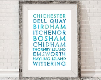 Chichester Harbour Destination Board Blue Wall Art Decor Poster Print